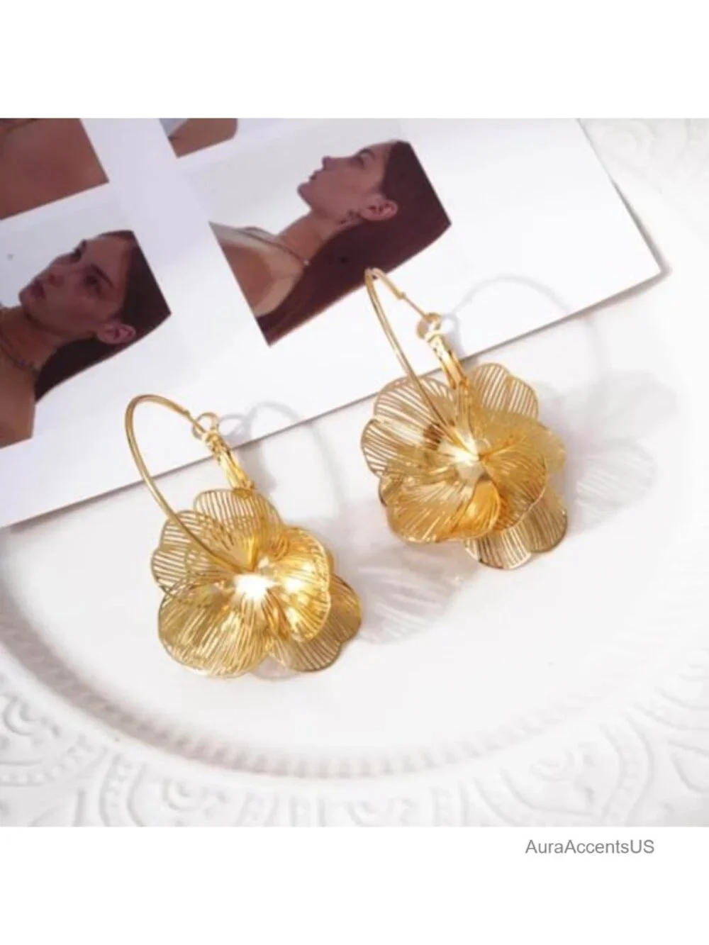 Dangle Flower Gold Hoop Earrings for Women - Lightweight Tarnish-Resistant Gift